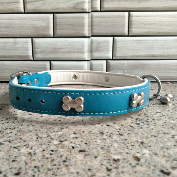 Blue White & Chrome Leather Dog Collar 24" MEDIUM - Picture 6 of 6